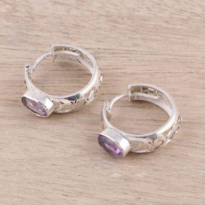 Alternate image for Oval Amethyst and Sterling Silver Openwork Hoop Earrings Eventide Glow