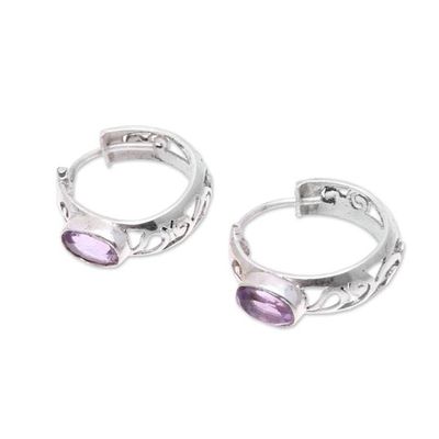 Alternate image for Oval Amethyst and Sterling Silver Openwork Hoop Earrings Eventide Glow