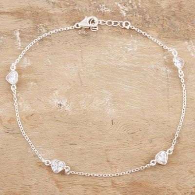 Alternate image for Cubic Zirconia and Sterling Silver Anklet Clear Hearts