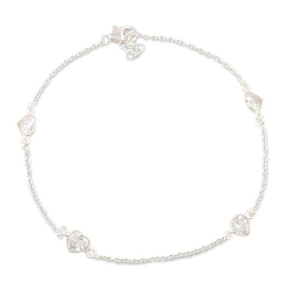 Alternate image for Cubic Zirconia and Sterling Silver Anklet Clear Hearts