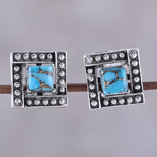 Alternate image for Square Blue Composite Turquoise Stud Earrings from India Beautiful Windows in Blue