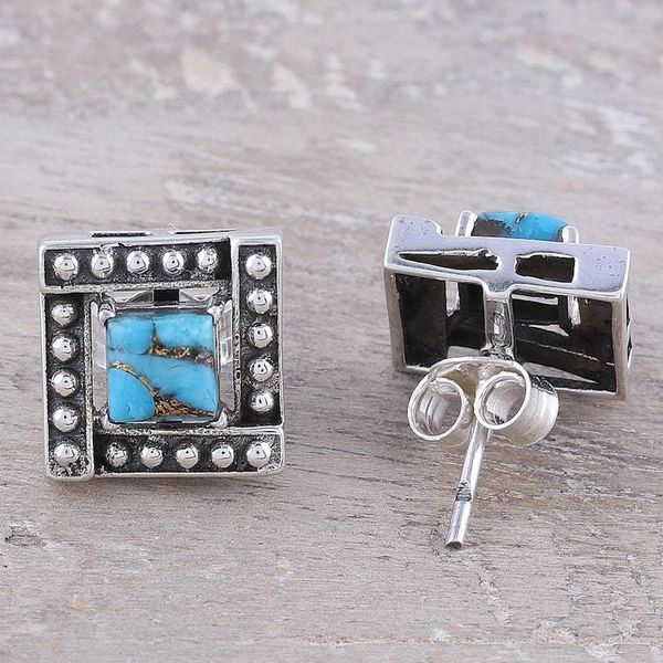 Alternate image for Square Blue Composite Turquoise Stud Earrings from India Beautiful Windows in Blue