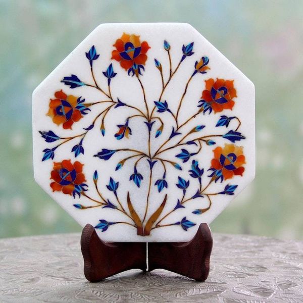 Alternate image for Flower Motif Marble Inlay Decorative Plate from India Mughal Magic