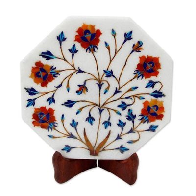 Alternate image for Flower Motif Marble Inlay Decorative Plate from India Mughal Magic