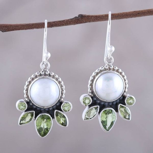 Alternate image for Cultured Pearl and Peridot Sterling Silver Dangle Earrings Full Moon Garden