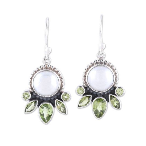 Alternate image for Cultured Pearl and Peridot Sterling Silver Dangle Earrings Full Moon Garden