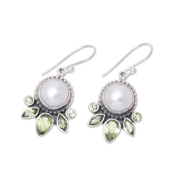 Alternate image for Cultured Pearl and Peridot Sterling Silver Dangle Earrings Full Moon Garden