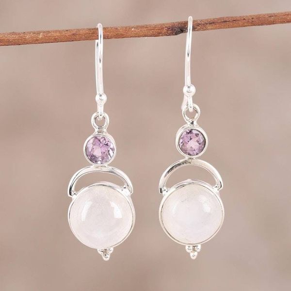 Alternate image for Sterling Silver Rainbow Moonstone Amethyst Dangle Earrings Alluring Serenity
