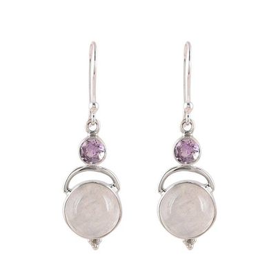 Alternate image for Sterling Silver Rainbow Moonstone Amethyst Dangle Earrings Alluring Serenity
