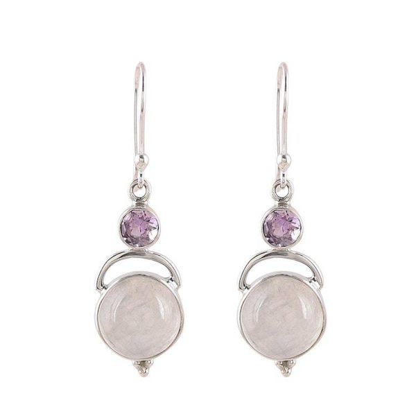 Alternate image for Sterling Silver Rainbow Moonstone Amethyst Dangle Earrings Alluring Serenity