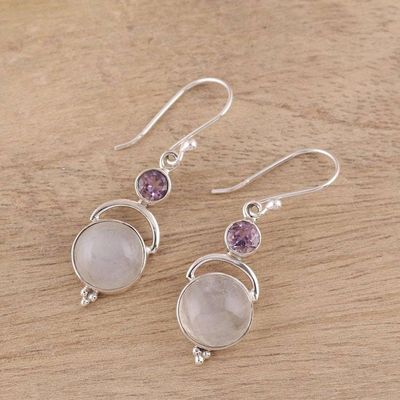 Alternate image for Sterling Silver Rainbow Moonstone Amethyst Dangle Earrings Alluring Serenity