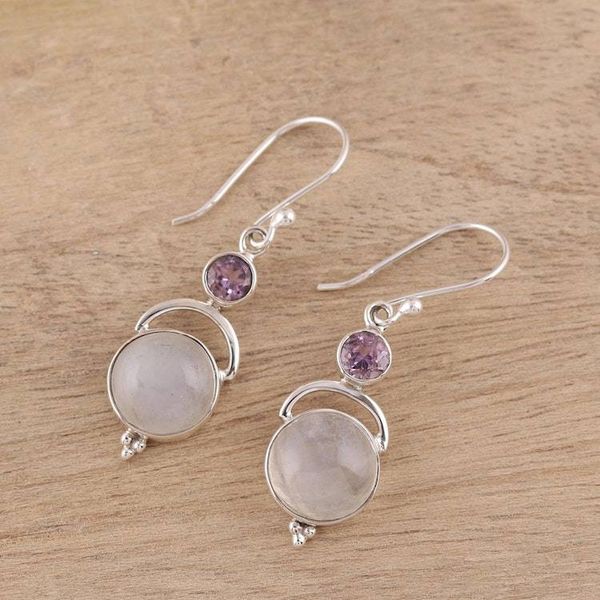 Alternate image for Sterling Silver Rainbow Moonstone Amethyst Dangle Earrings Alluring Serenity