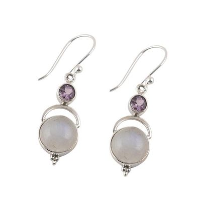 Alternate image for Sterling Silver Rainbow Moonstone Amethyst Dangle Earrings Alluring Serenity