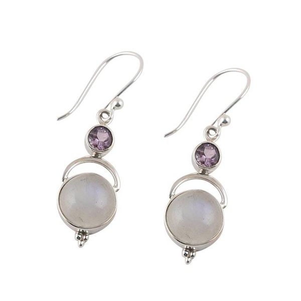 Alternate image for Sterling Silver Rainbow Moonstone Amethyst Dangle Earrings Alluring Serenity