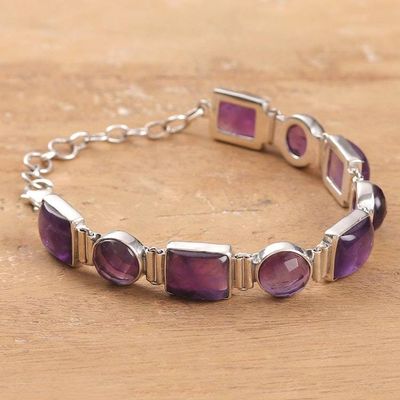 Alternate image for 14-Carat Amethyst and Polished Sterling Silver Link Bracelet Connected to Wisdom