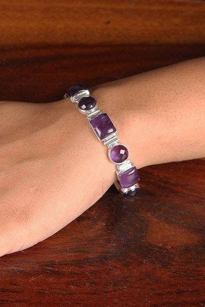 Alternate image for 14-Carat Amethyst and Polished Sterling Silver Link Bracelet Connected to Wisdom