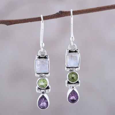 Alternate image for Multi-Gemstone and Sterling Silver Dangle Earrings Graceful Trio in White