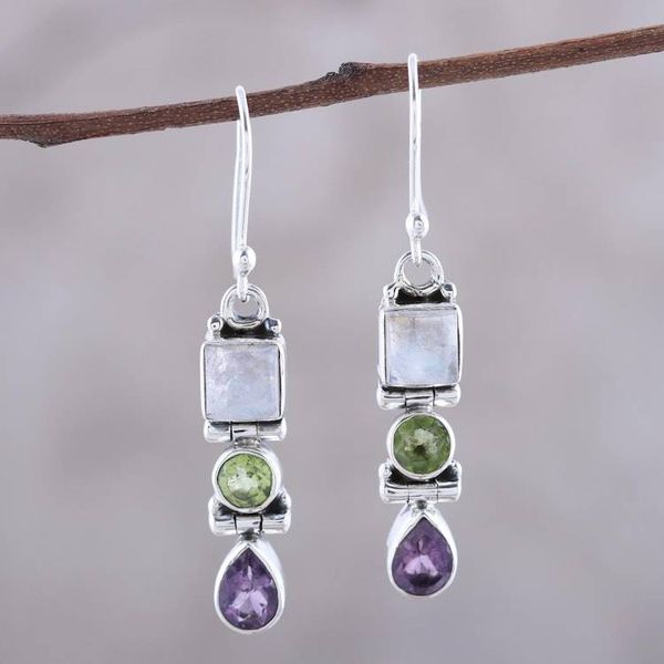 Alternate image for Multi-Gemstone and Sterling Silver Dangle Earrings Graceful Trio in White