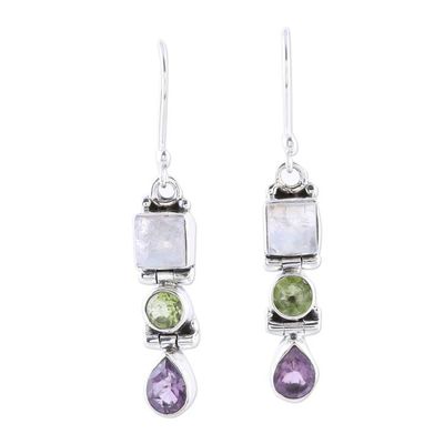 Alternate image for Multi-Gemstone and Sterling Silver Dangle Earrings Graceful Trio in White