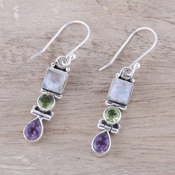 Alternate image for Multi-Gemstone and Sterling Silver Dangle Earrings Graceful Trio in White