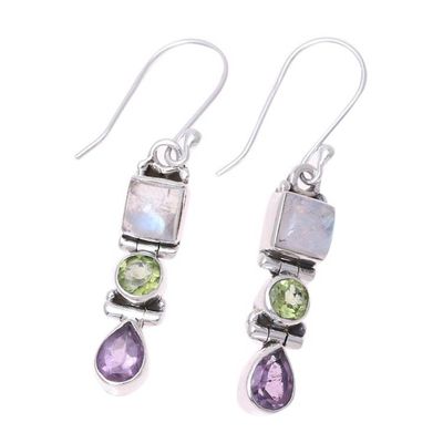 Alternate image for Multi-Gemstone and Sterling Silver Dangle Earrings Graceful Trio in White