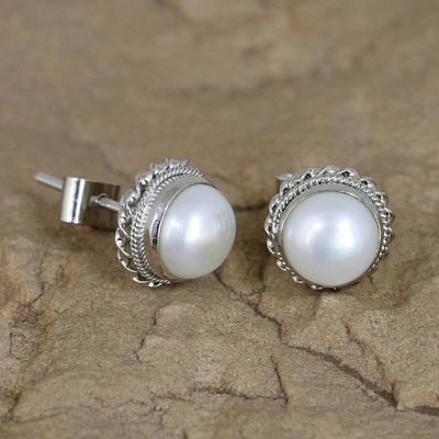 Alternate image for Cultured Pearl Earrings in Sterling Silver from India Blossoming Purity