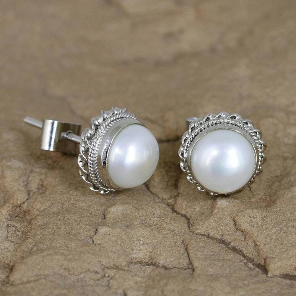 Cultured Pearl Earrings in Sterling Silver from India 'Blossoming Purity'