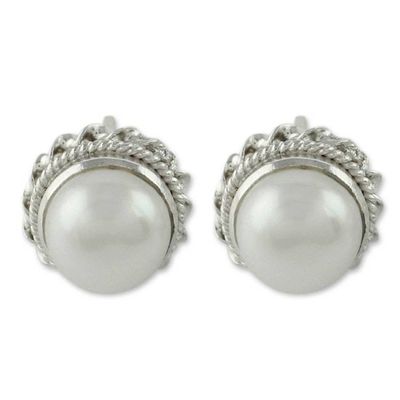Alternate image for Cultured Pearl Earrings in Sterling Silver from India Blossoming Purity