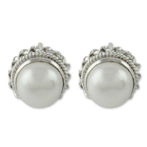Alternate image for Cultured Pearl Earrings in Sterling Silver from India Blossoming Purity