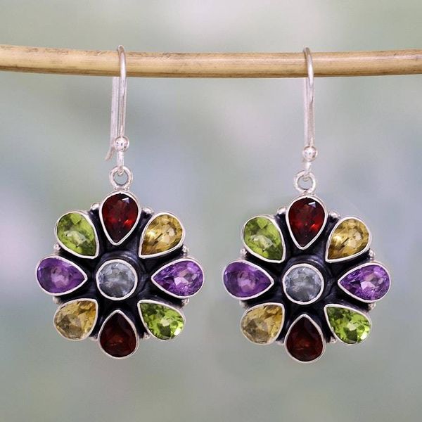Alternate image for Amethyst Garnet Earrings Blue Topaz Sterling Silver Jewelry Summer Blossoms