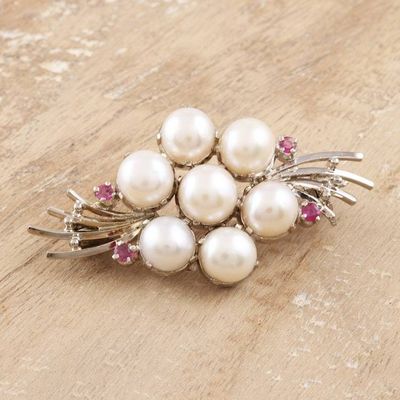 Alternate image for Feminine Cultured Pearl and Ruby Brooch Pin Precious Bouquet