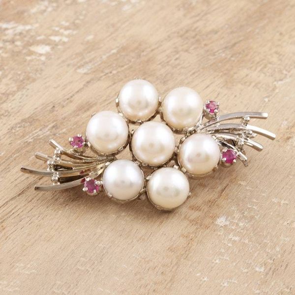 Alternate image for Feminine Cultured Pearl and Ruby Brooch Pin Precious Bouquet