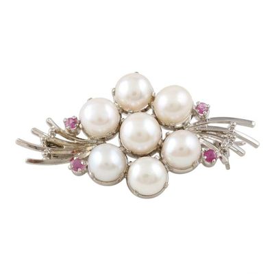 Alternate image for Feminine Cultured Pearl and Ruby Brooch Pin Precious Bouquet