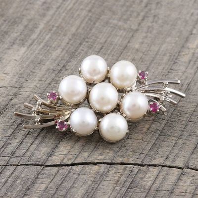 Alternate image for Feminine Cultured Pearl and Ruby Brooch Pin Precious Bouquet
