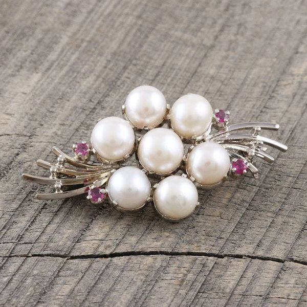 Alternate image for Feminine Cultured Pearl and Ruby Brooch Pin Precious Bouquet