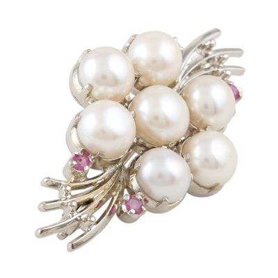 Alternate image for Feminine Cultured Pearl and Ruby Brooch Pin Precious Bouquet