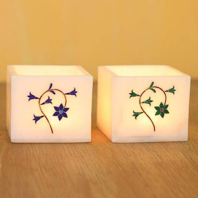 Primary image for Floral Motif Marble Tealight Holders Pair Floral Dance