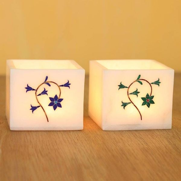 Alternate image for Floral Motif Marble Tealight Holders Pair Floral Dance