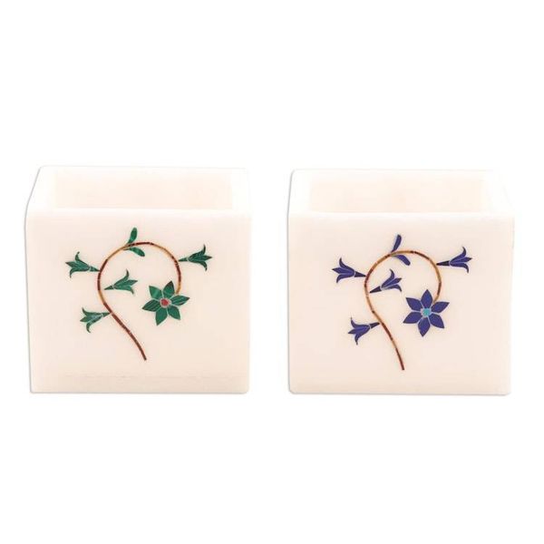 Alternate image for Floral Motif Marble Tealight Holders Pair Floral Dance