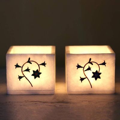 Alternate image for Floral Motif Marble Tealight Holders Pair Floral Dance