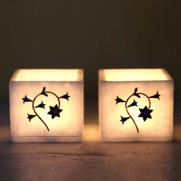 Alternate image for Floral Motif Marble Tealight Holders Pair Floral Dance