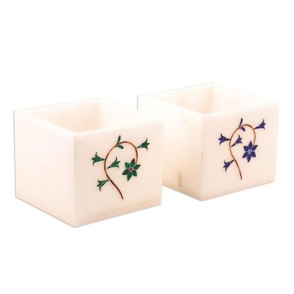 Alternate image for Floral Motif Marble Tealight Holders Pair Floral Dance