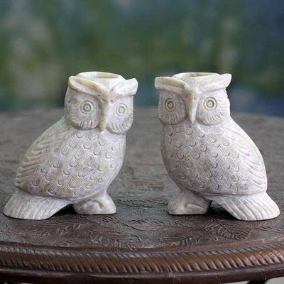 Alternate image for Hand Carved Soapstone Owl Candle Holders Pair Night Glow