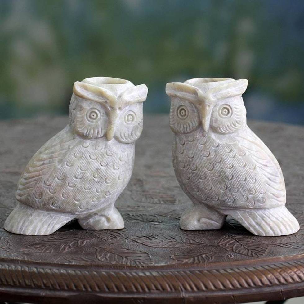 Hand Carved Soapstone Owl Candle Holders Pair 'Night Glow'