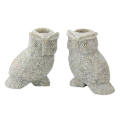 Alternate image for Hand Carved Soapstone Owl Candle Holders Pair Night Glow