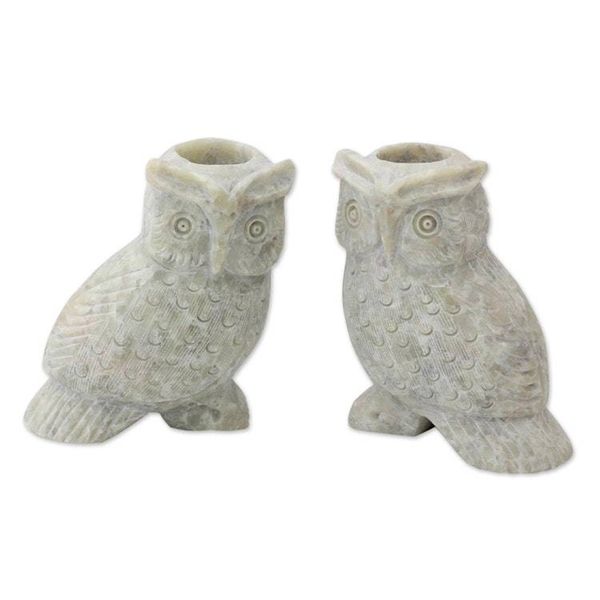 Alternate image for Hand Carved Soapstone Owl Candle Holders Pair Night Glow