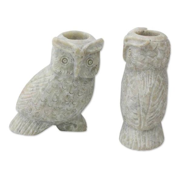 Alternate image for Hand Carved Soapstone Owl Candle Holders Pair Night Glow
