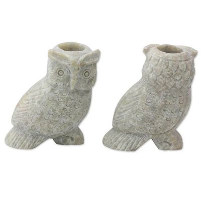 Alternate image for Hand Carved Soapstone Owl Candle Holders Pair Night Glow