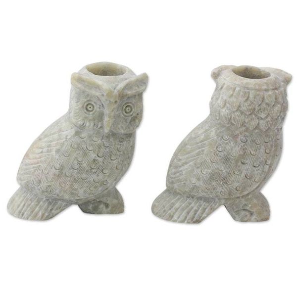 Alternate image for Hand Carved Soapstone Owl Candle Holders Pair Night Glow
