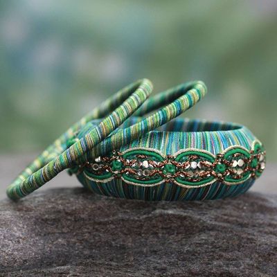 Alternate image for Fair Trade Embellished Bangle Bracelets Set of 3 Dreams in Aqua